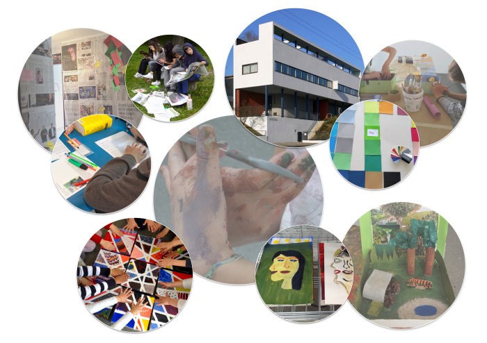 Workshops: Sommeratelier Hallschlag - Die Hallschlag Reporter, Alles so schön BUNT hier? am Weissenhofmuseum im Doppelhaus Le Corbusier/Pierre Jeanneret und beim Netzwerk Kulturelle Bildung Stuttgart (kubi-S)     Collage: Julia Lutzeyer